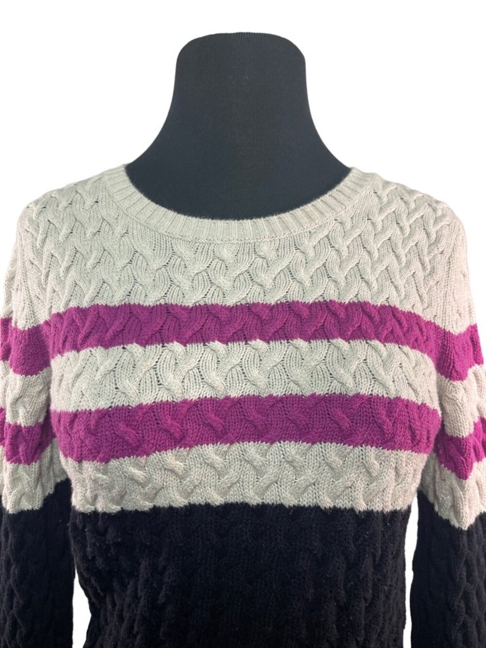 Croft & Barrow Medium Knit Sweater Black Ivory Pink Cable Long Sleeve - Picture 2 of 9